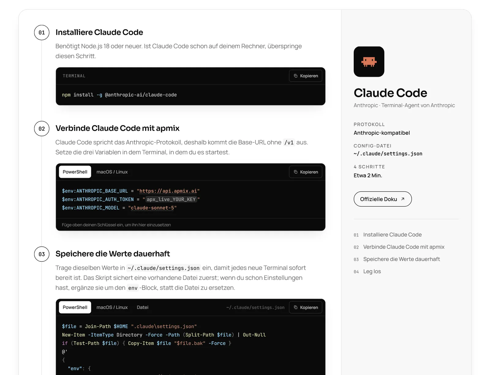 Das Claude-Code-Rezept in der apmix Dokumentation