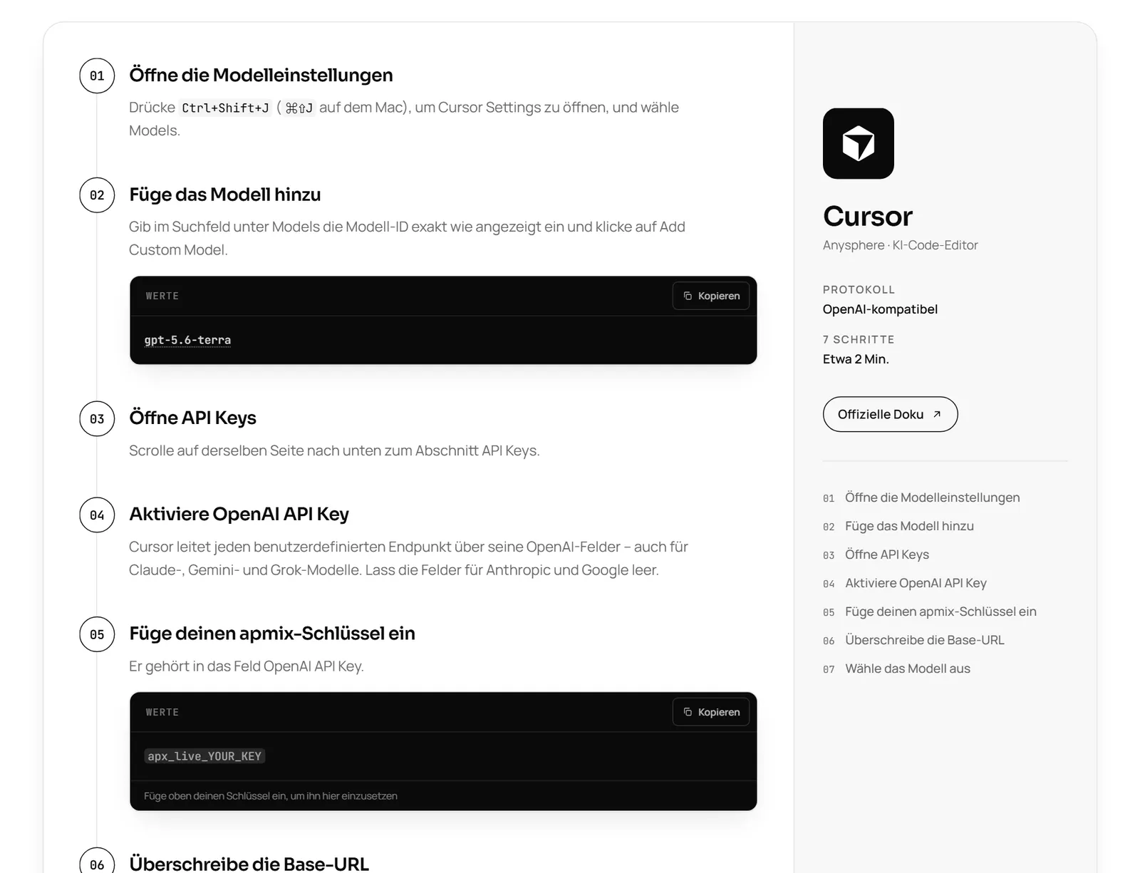 Die Cursor-Schritte in der apmix Dokumentation