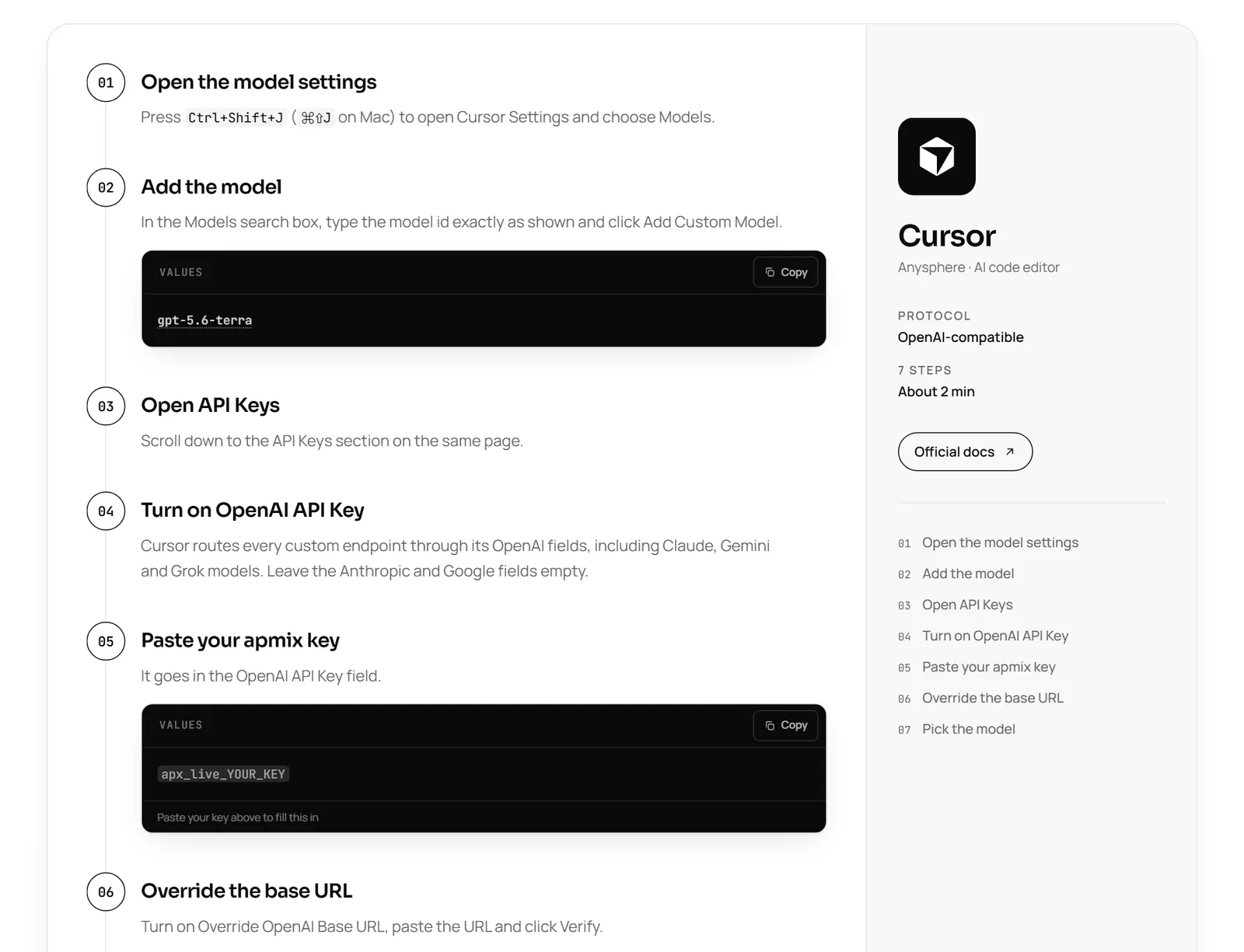 The Cursor steps on the apmix docs page