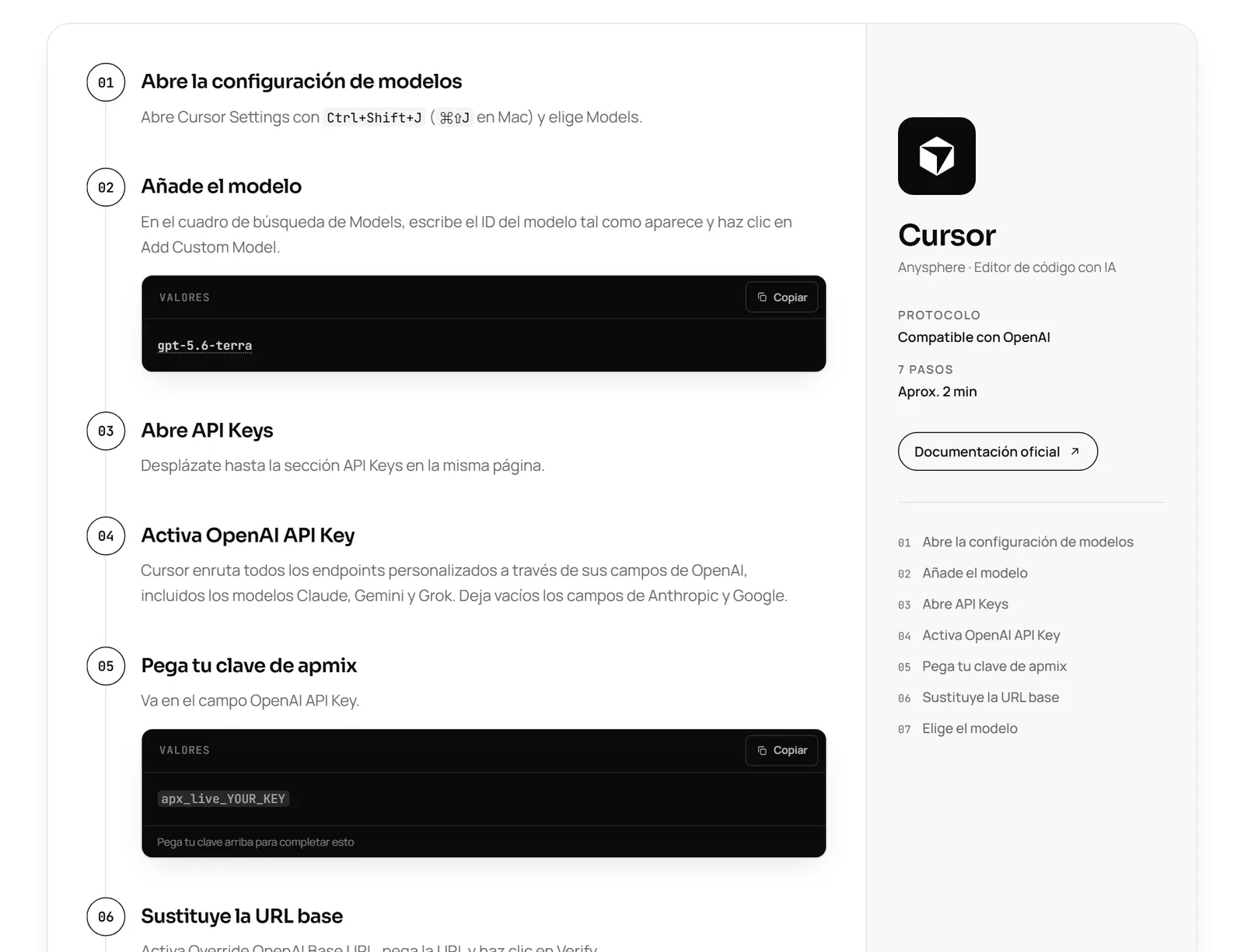 Los pasos de Cursor en la documentación de apmix