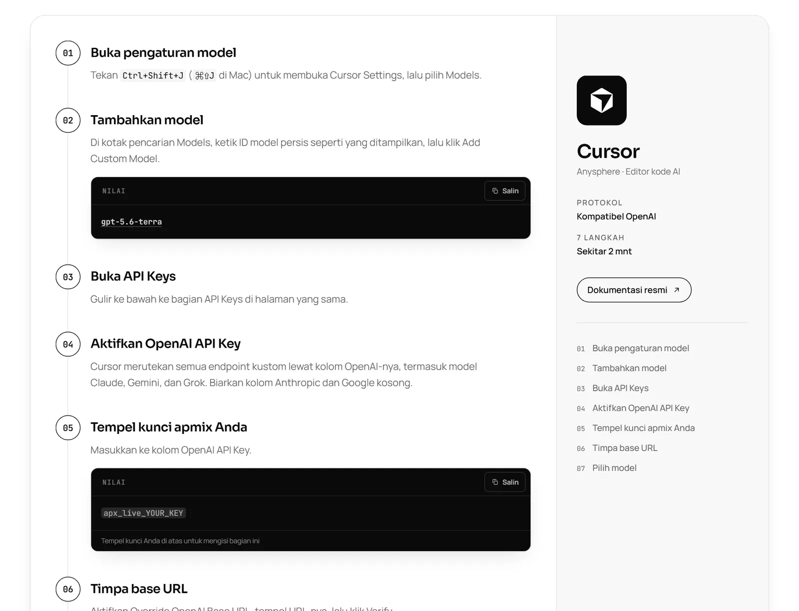 Langkah Cursor di dokumentasi apmix