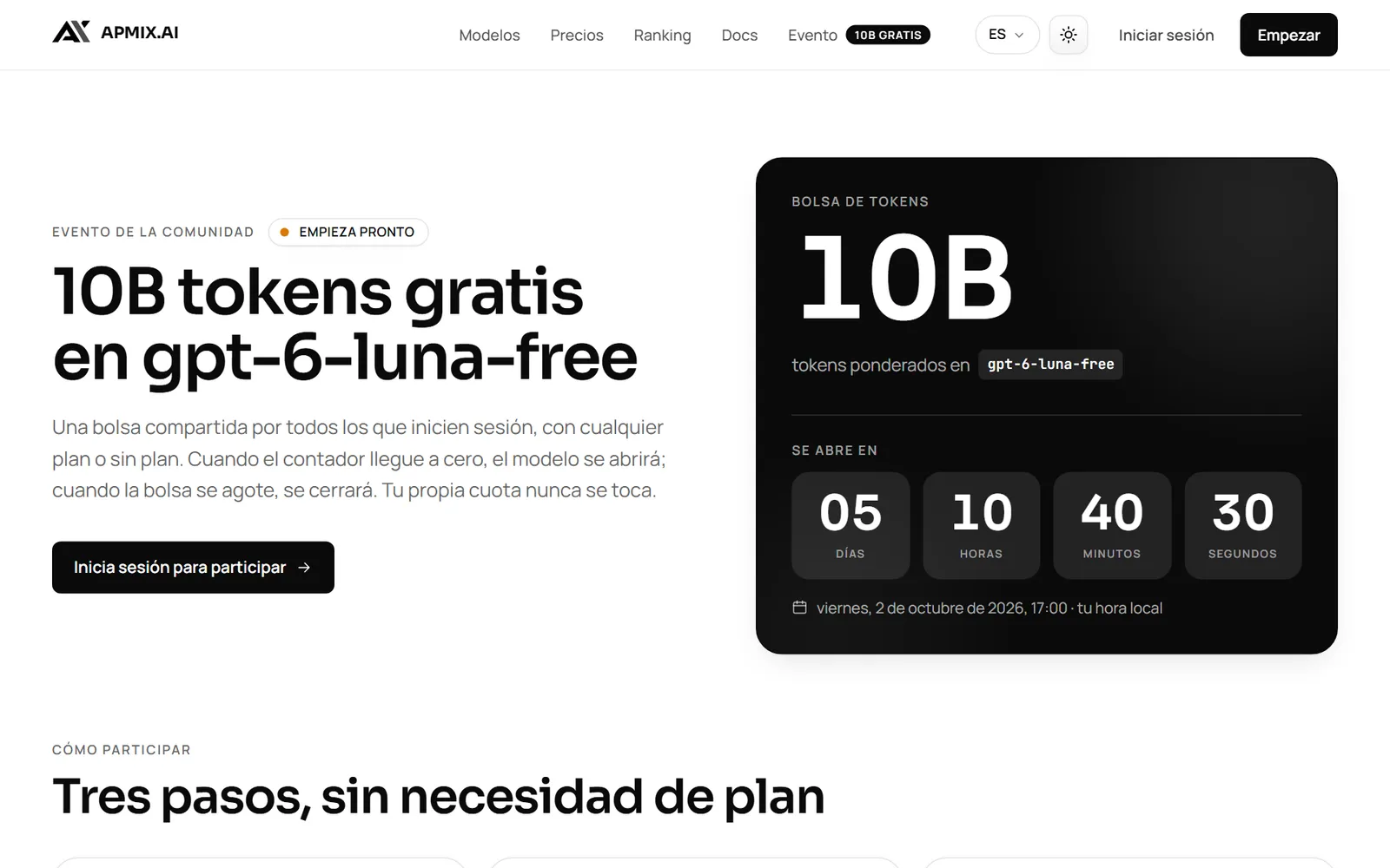 La página del evento de apmix con la cuenta atrás hasta la apertura