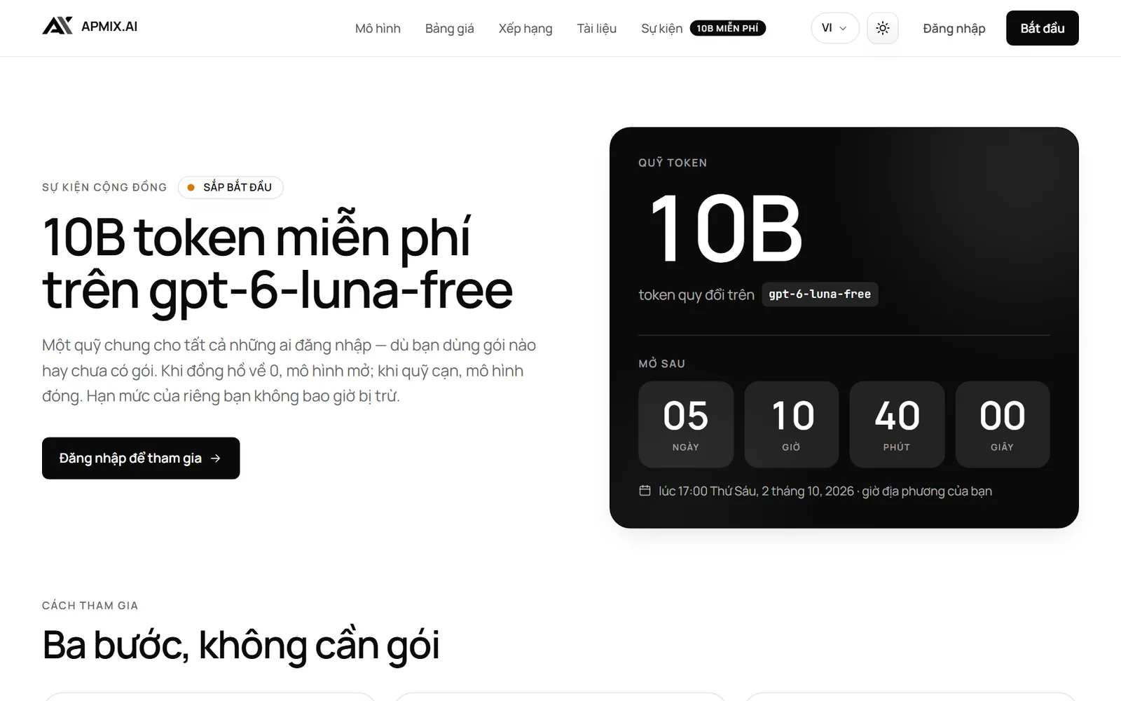 Trang sự kiện apmix với đồng hồ đếm ngược đến giờ mở