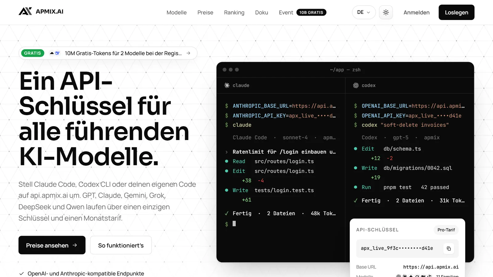 Die apmix Startseite mit Claude Code und Codex CLI auf api.apmix.ai