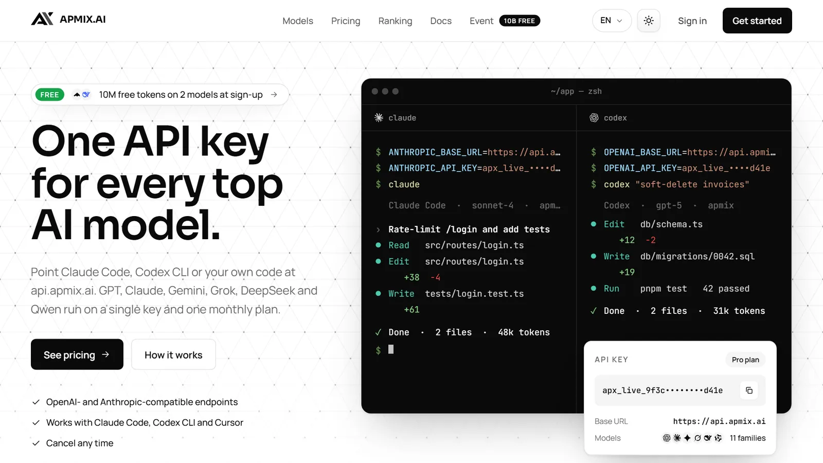 The apmix home page with Claude Code and Codex CLI running against api.apmix.ai