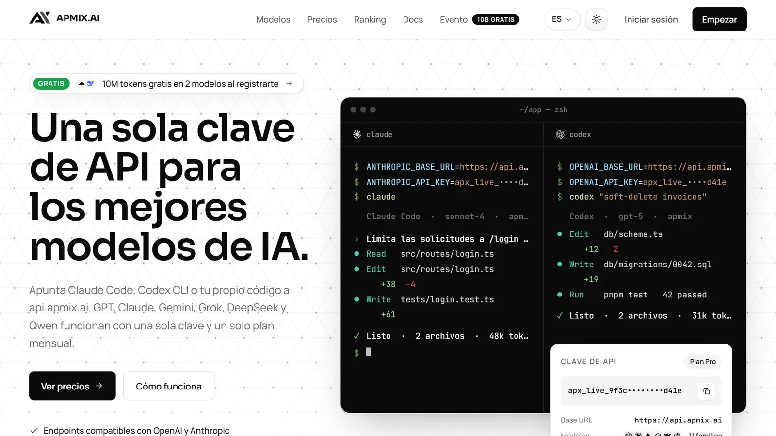 La página de inicio de apmix con Claude Code y Codex CLI usando api.apmix.ai