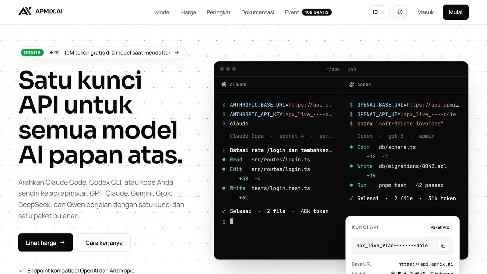 Beranda apmix dengan Claude Code dan Codex CLI yang berjalan di api.apmix.ai