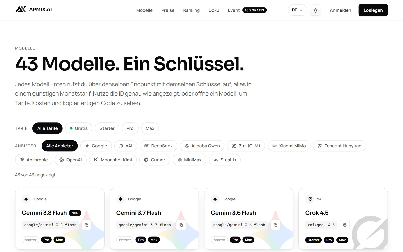 Der apmix Modellkatalog mit 43 Modellen und den Tarifen, die sie enthalten