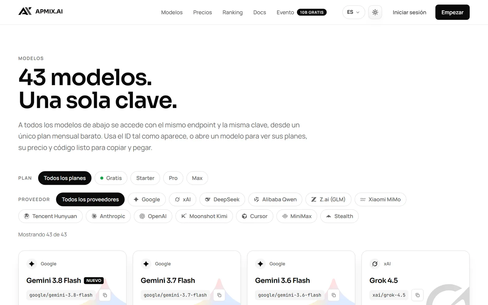 El catálogo de modelos de apmix con 43 modelos y los planes que incluyen cada uno