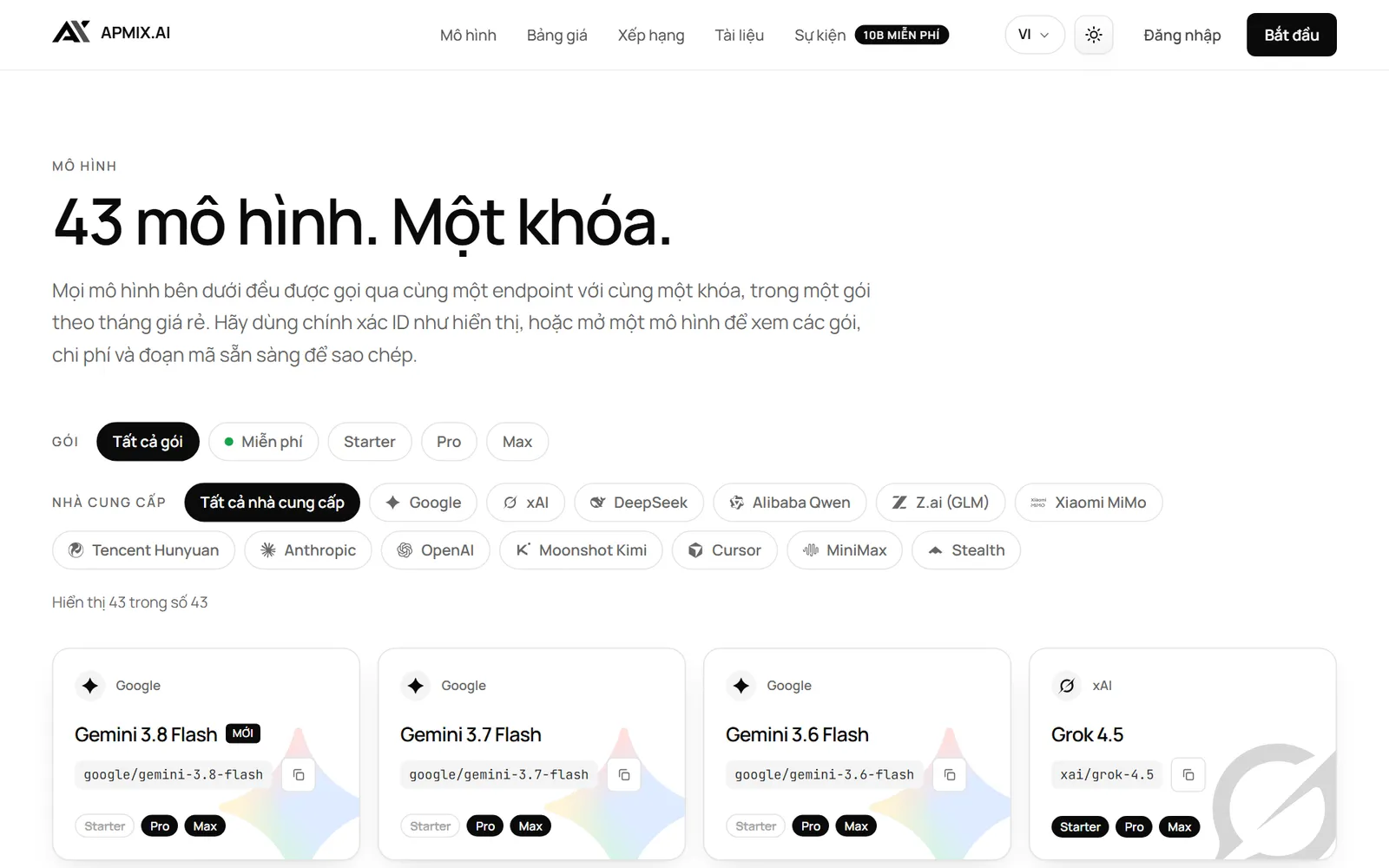 Danh mục mô hình apmix với 43 mô hình và các gói có từng mô hình
