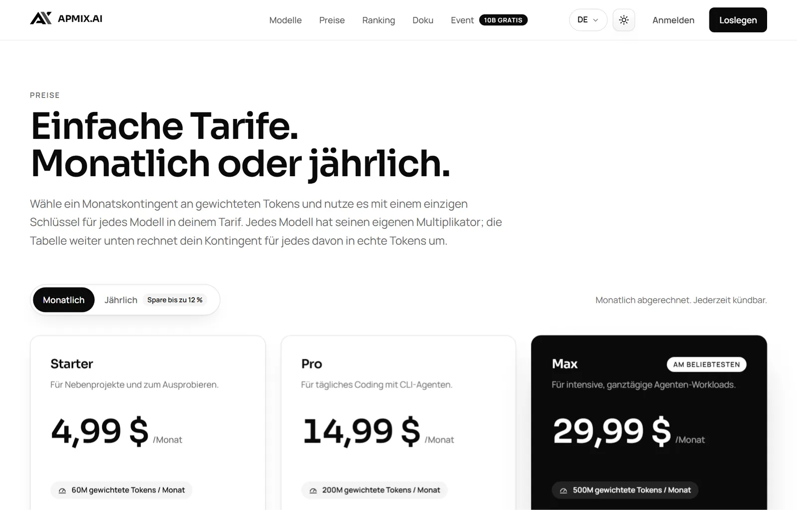 Die apmix Tarife: Starter, Pro und Max