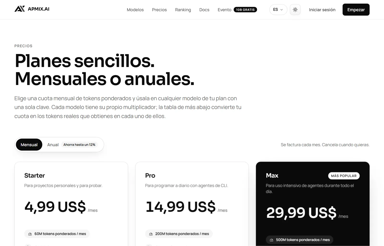 Los planes de apmix: Starter, Pro y Max