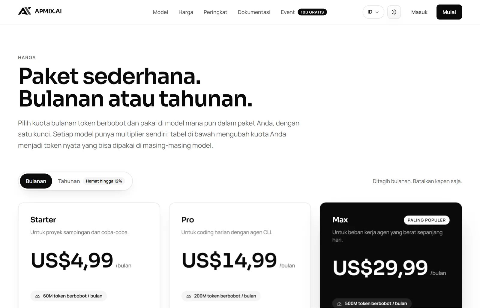 Tiga paket apmix: Starter, Pro, dan Max