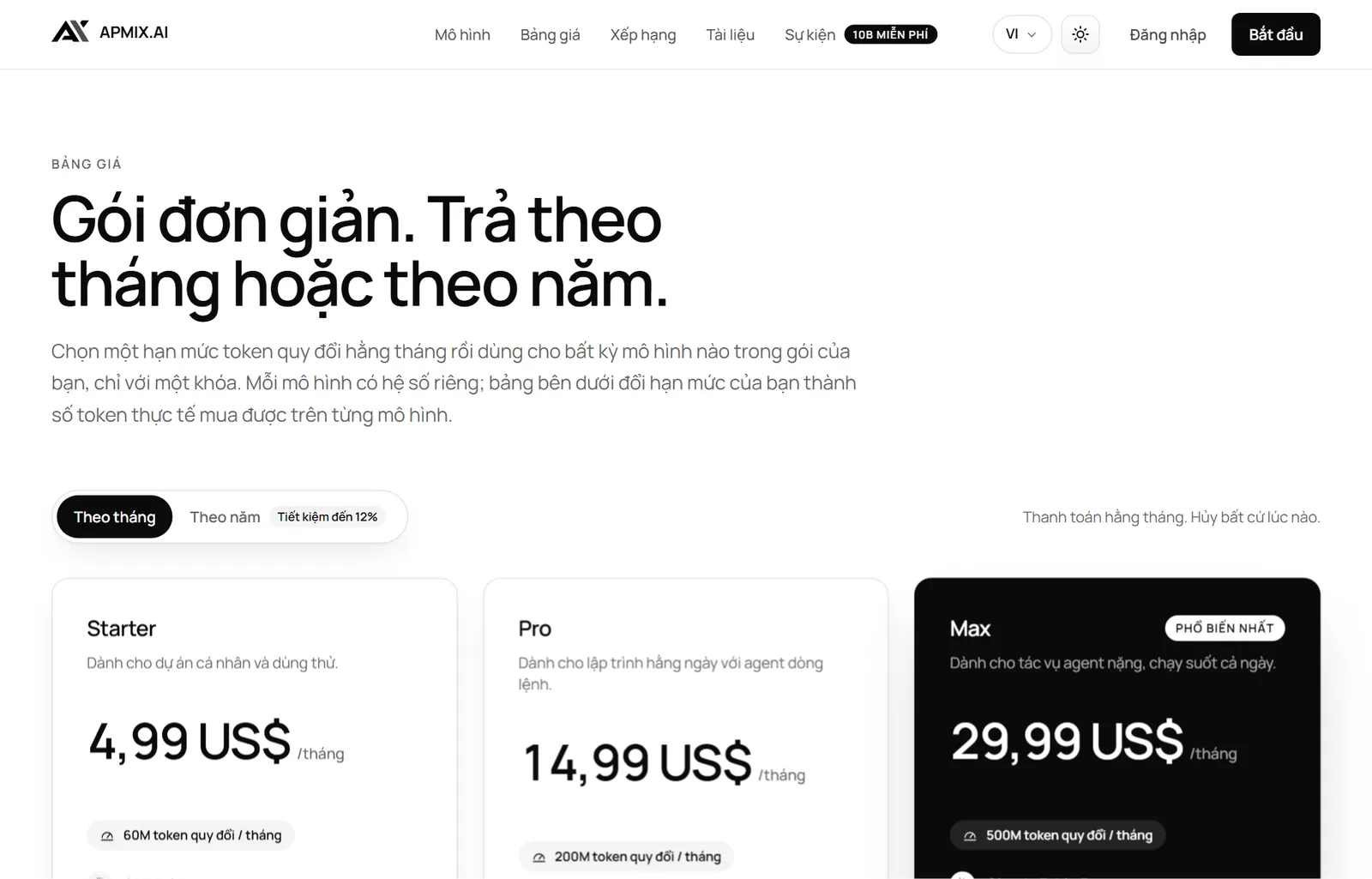 Các gói của apmix: Starter, Pro và Max